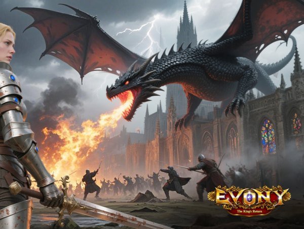 Concept art from Evony The King’s Return depicting a fire-breathing dragon in a fantasy battle scene